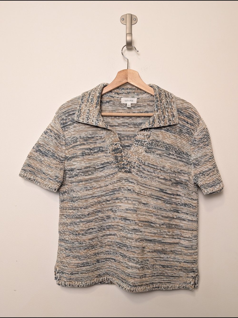 Haven Well Within Short-Sleeve Polo Sweater Blue and Tan Linen Blend Medium